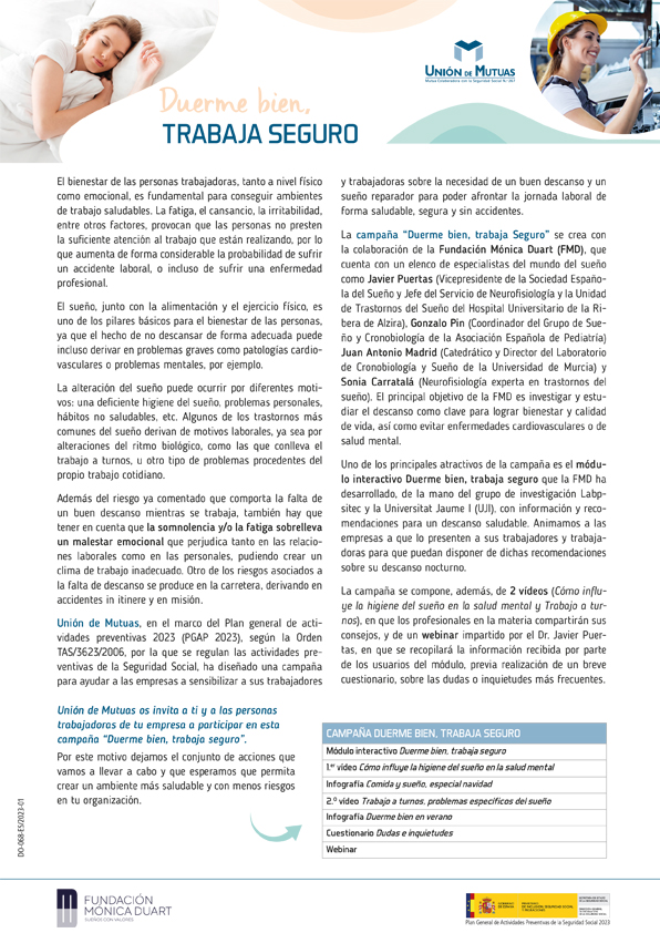 Campaña duerme bien, trabaja seguro. Carta duerme bien, trabaja seguro DO-068-ES/2023-01