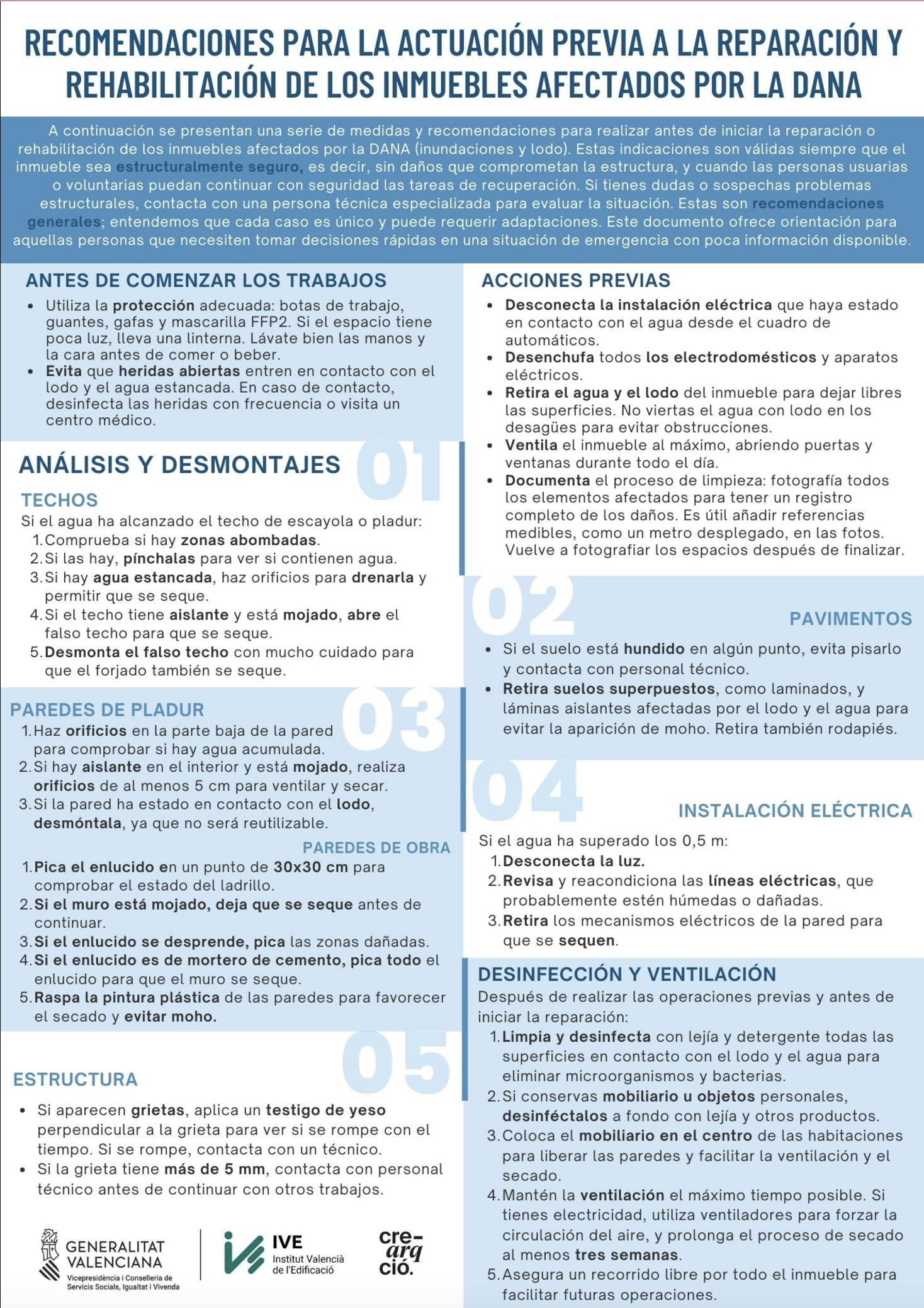 Recomendaciones para la actuación previa a la reparación y rehabilitación de los inmuebles afectados por la dana.